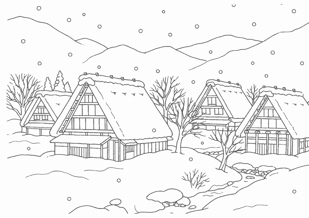 白川郷の塗り絵 白黒 印刷用