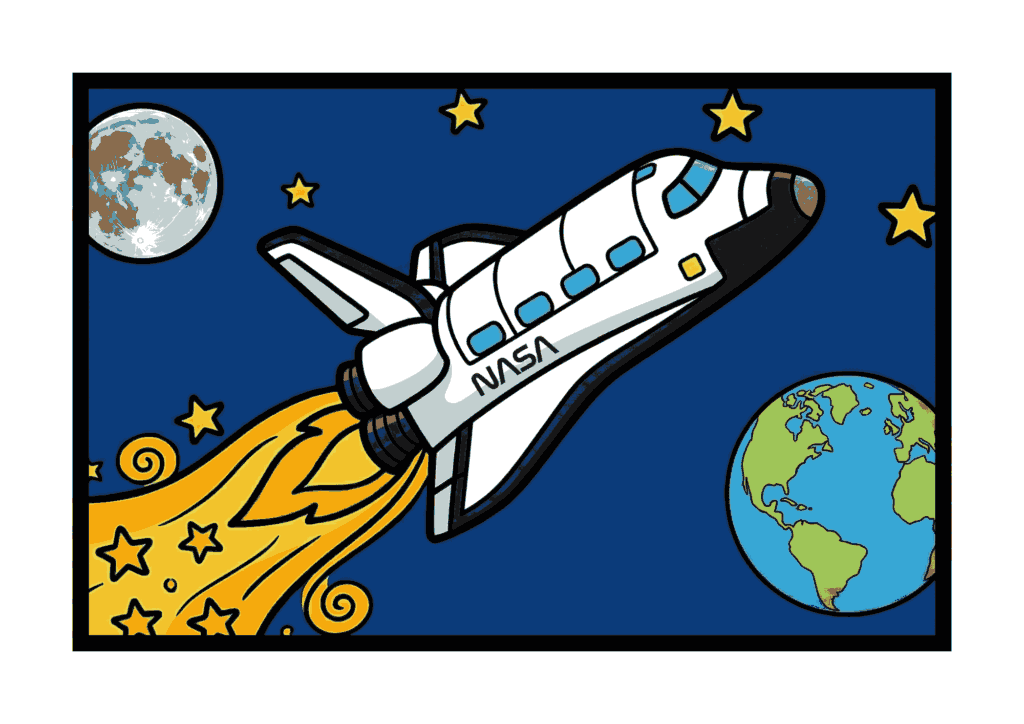 スペースシャトルの塗り絵イラスト｜子供向け｜宇宙・地球・月・星が描かれた楽しい知育素材｜ぬりえランド
