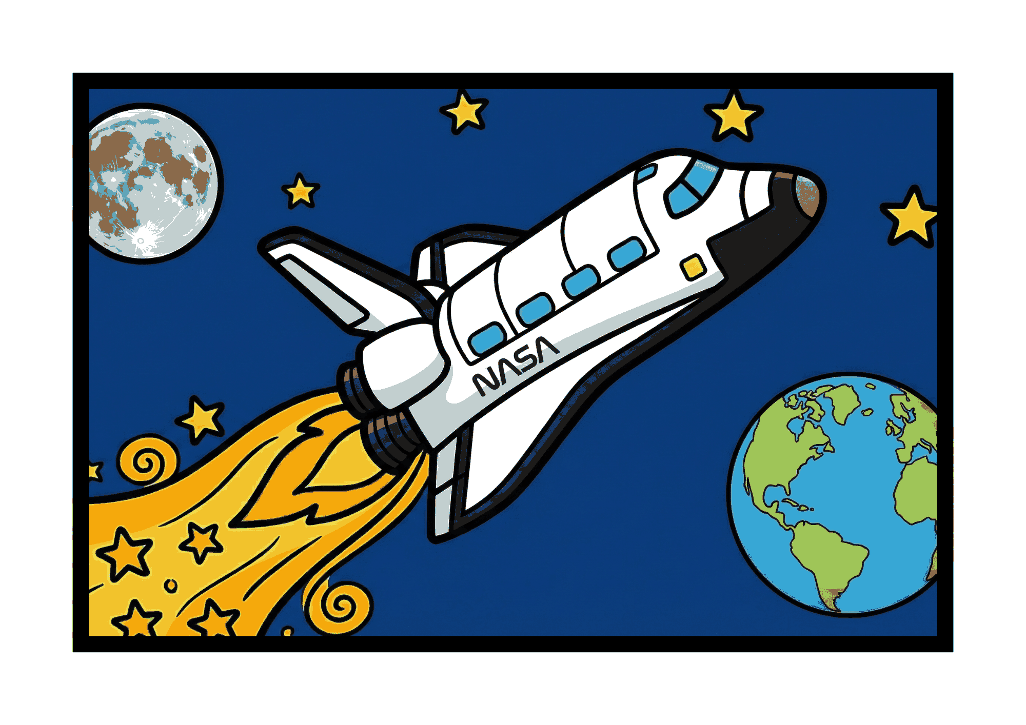 スペースシャトルの塗り絵イラスト|子供向け|宇宙・地球・月・星が描かれた楽しい知育素材|ぬりえランド