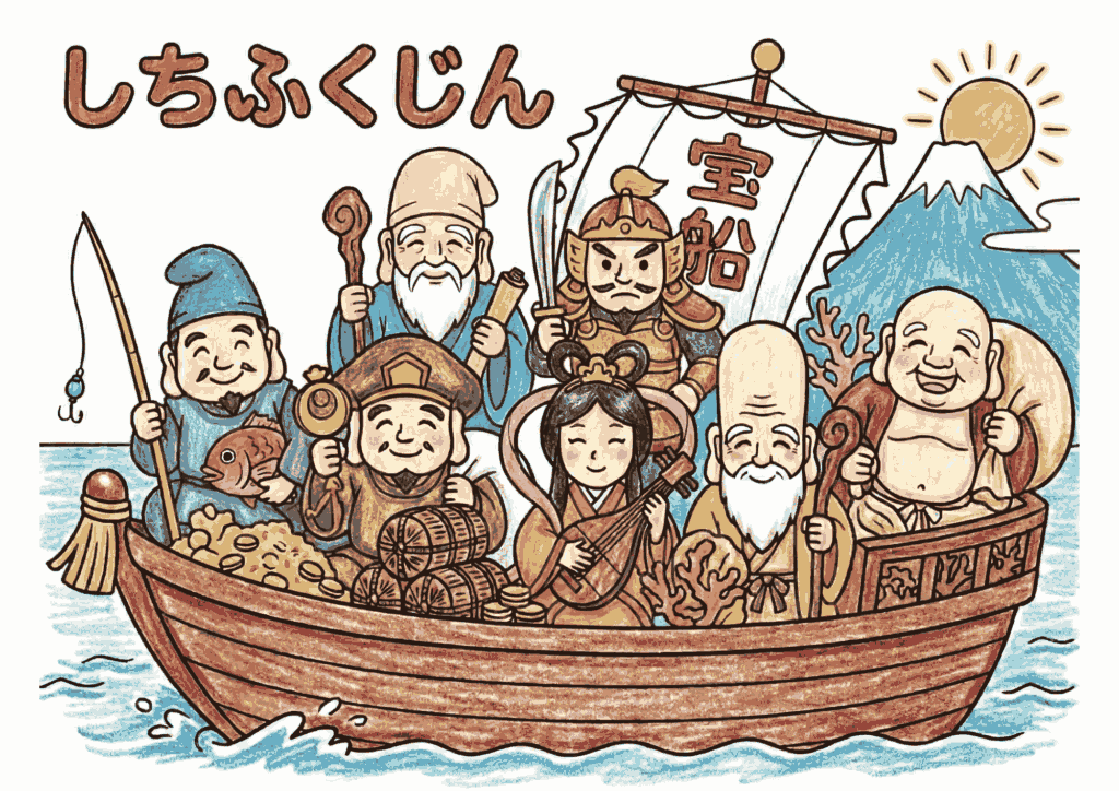 七福神の塗り絵画像｜無料ダウンロードできる白黒イラストのフリー画像素材