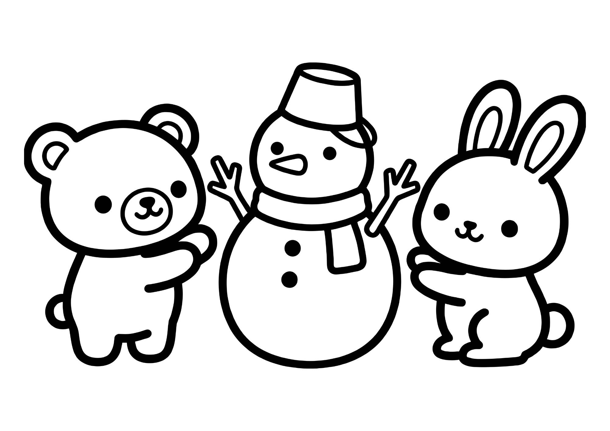 くま・うさぎ・雪だるまの塗り絵イラスト 白黒 無料ダウンロード 印刷用