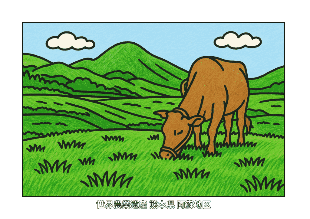 熊本・阿蘇の草原にたたずむ牛と山々を色鉛筆で塗った高齢者向けぬりえ。塗りやすい太線で、自然を感じられる無料素材。