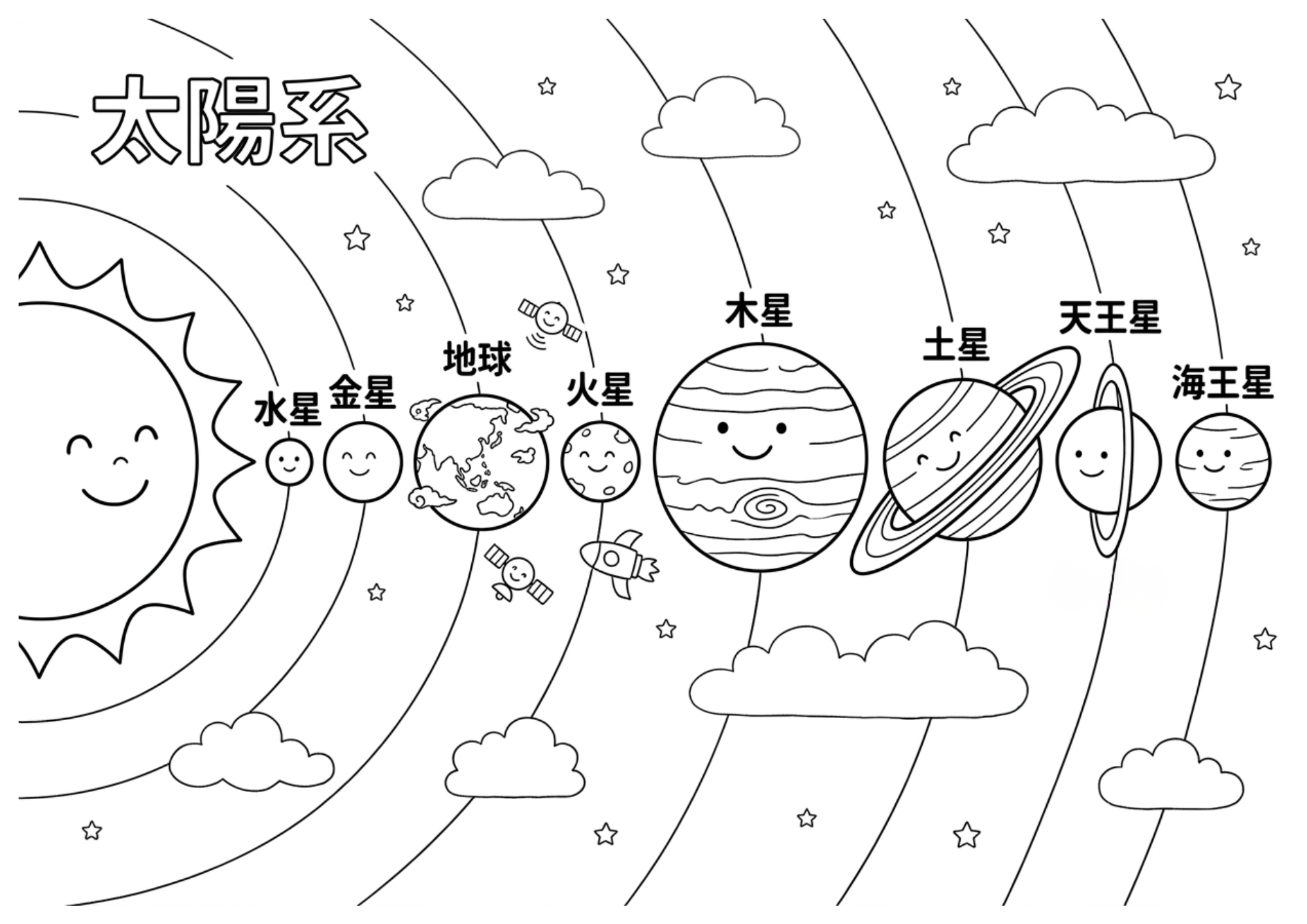 太陽系8惑星の塗り絵白黒、子供向け無料印刷