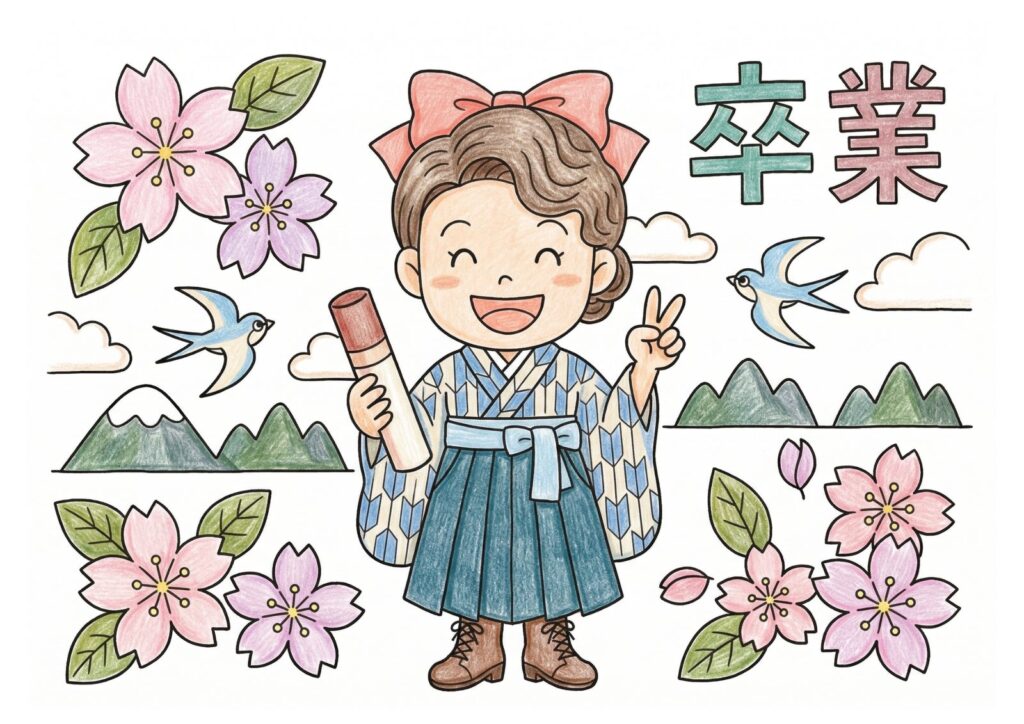 卒業式・袴姿の女の子の塗り絵イラスト カラー見本（無料・印刷OK）