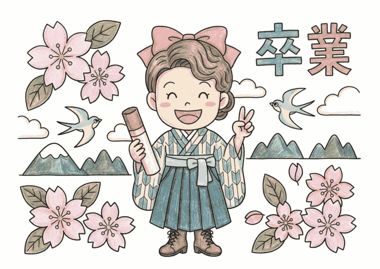 卒業式・袴姿の女の子の塗り絵イラスト