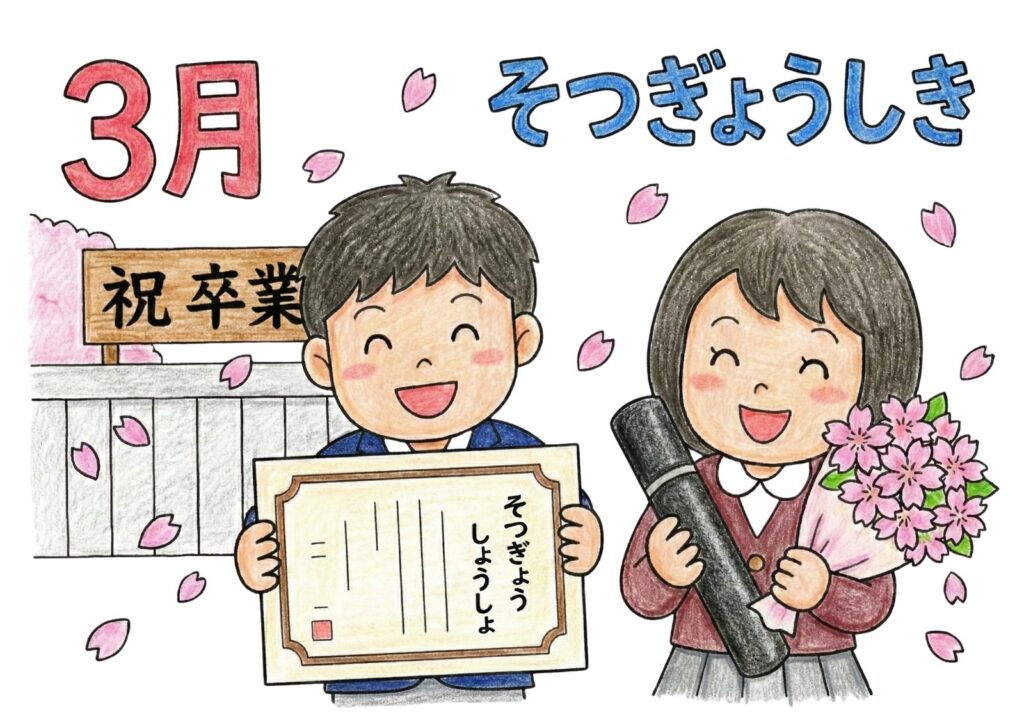 3月の卒業式の塗り絵イラスト カラー見本（無料・印刷OK）