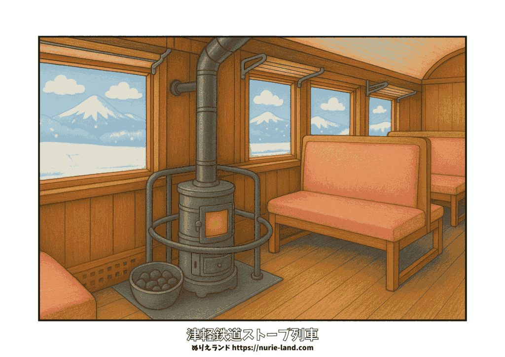 津軽鉄道ストーブ列車の塗り絵｜雪景色の冬の車内とストーブ｜高齢者向け無料ダウンロード素材