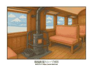 津軽鉄道ストーブ列車の塗り絵｜雪景色の冬の車内とストーブ｜高齢者向け無料ダウンロード素材