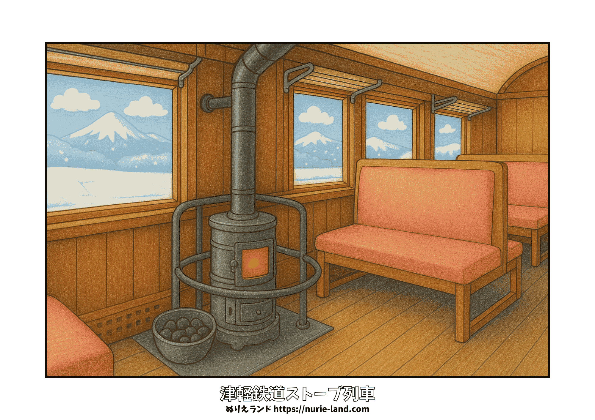 津軽鉄道ストーブ列車の塗り絵|雪景色の冬の車内とストーブ|高齢者向け無料ダウンロード素材