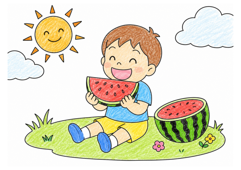 スイカを食べる少年の塗り絵