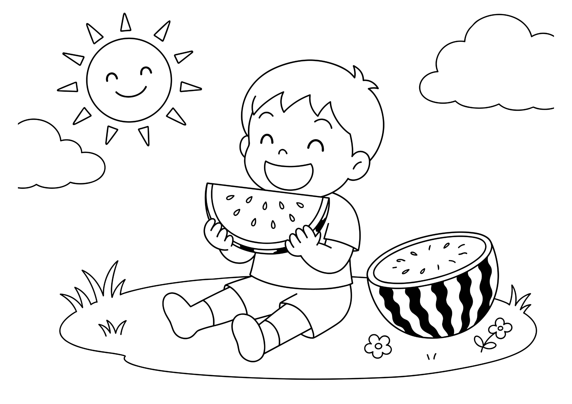 スイカを食べる少年の塗り絵 白黒 印刷用