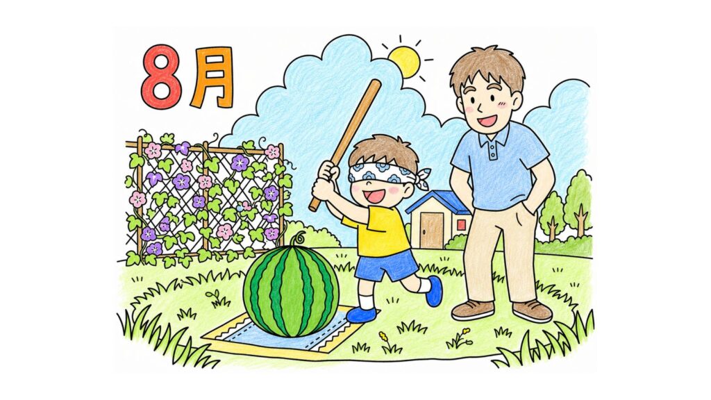 スイカ割りの塗り絵イラスト カラー見本（無料・印刷OK）
