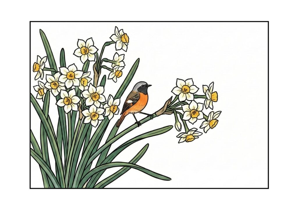 水仙と小鳥の塗り絵イラスト カラー見本（無料・印刷OK）