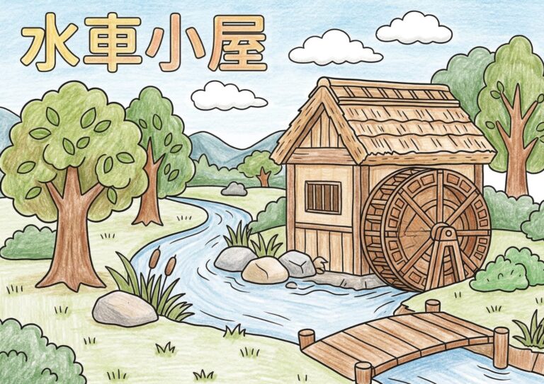 水車小屋の塗り絵イラスト