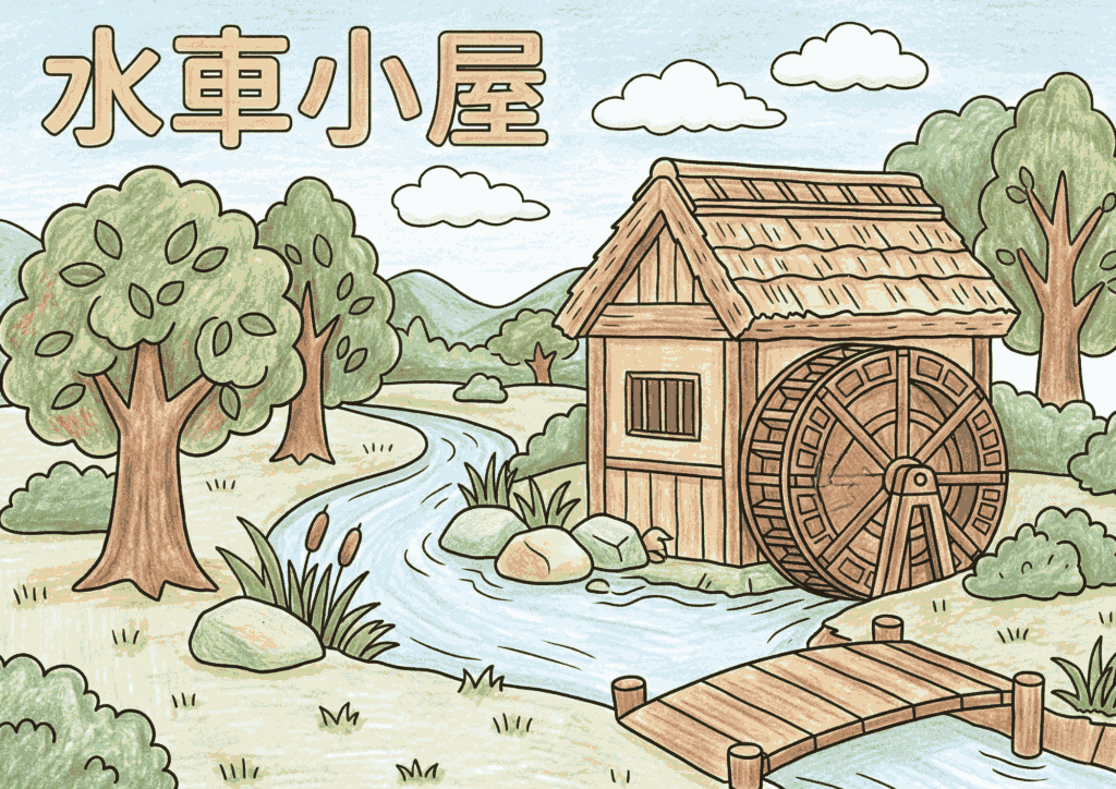 水車小屋の塗り絵 白黒 無料印刷用