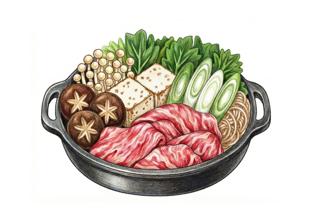 すき焼き鍋の塗り絵イラスト カラー見本（無料・印刷OK）