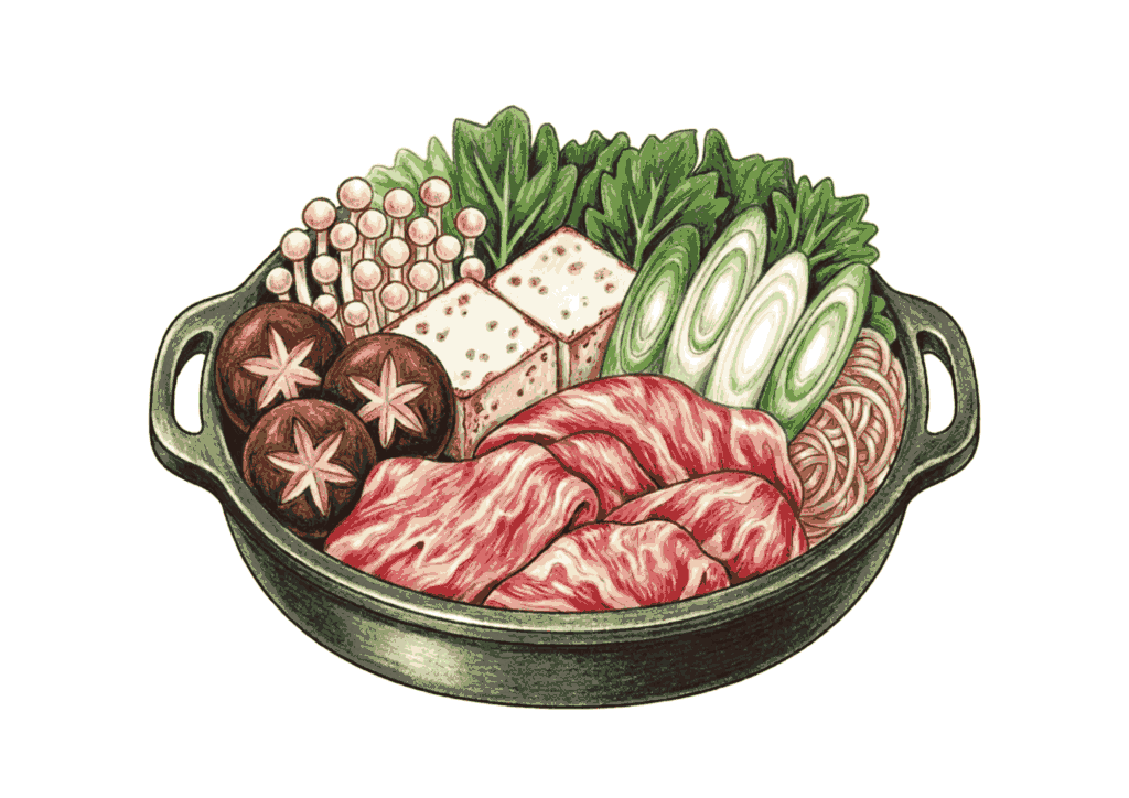 すき焼き鍋の無料ぬりえイラスト｜高齢者向け｜冬の料理｜大きくて塗りやすい｜ダウンロード