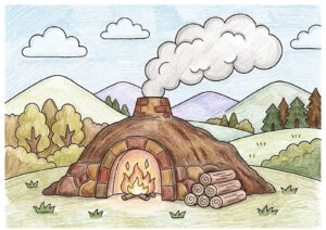炭焼き小屋の塗り絵イラスト カラー見本（無料・印刷OK）