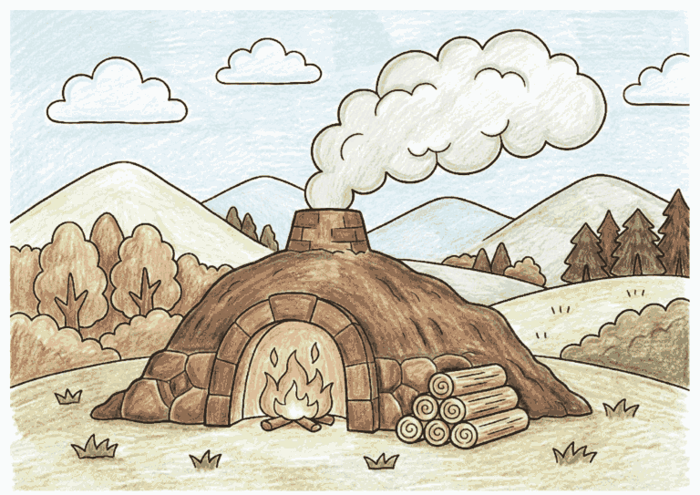 炭焼き小屋の塗り絵イラスト