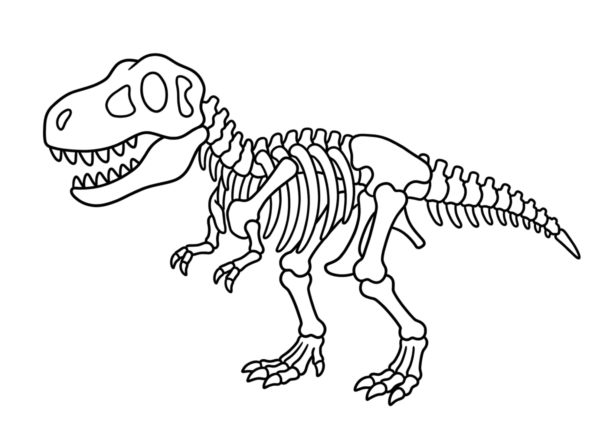 ティラノサウルスの骨格の塗り絵白黒、子供向け無料印刷