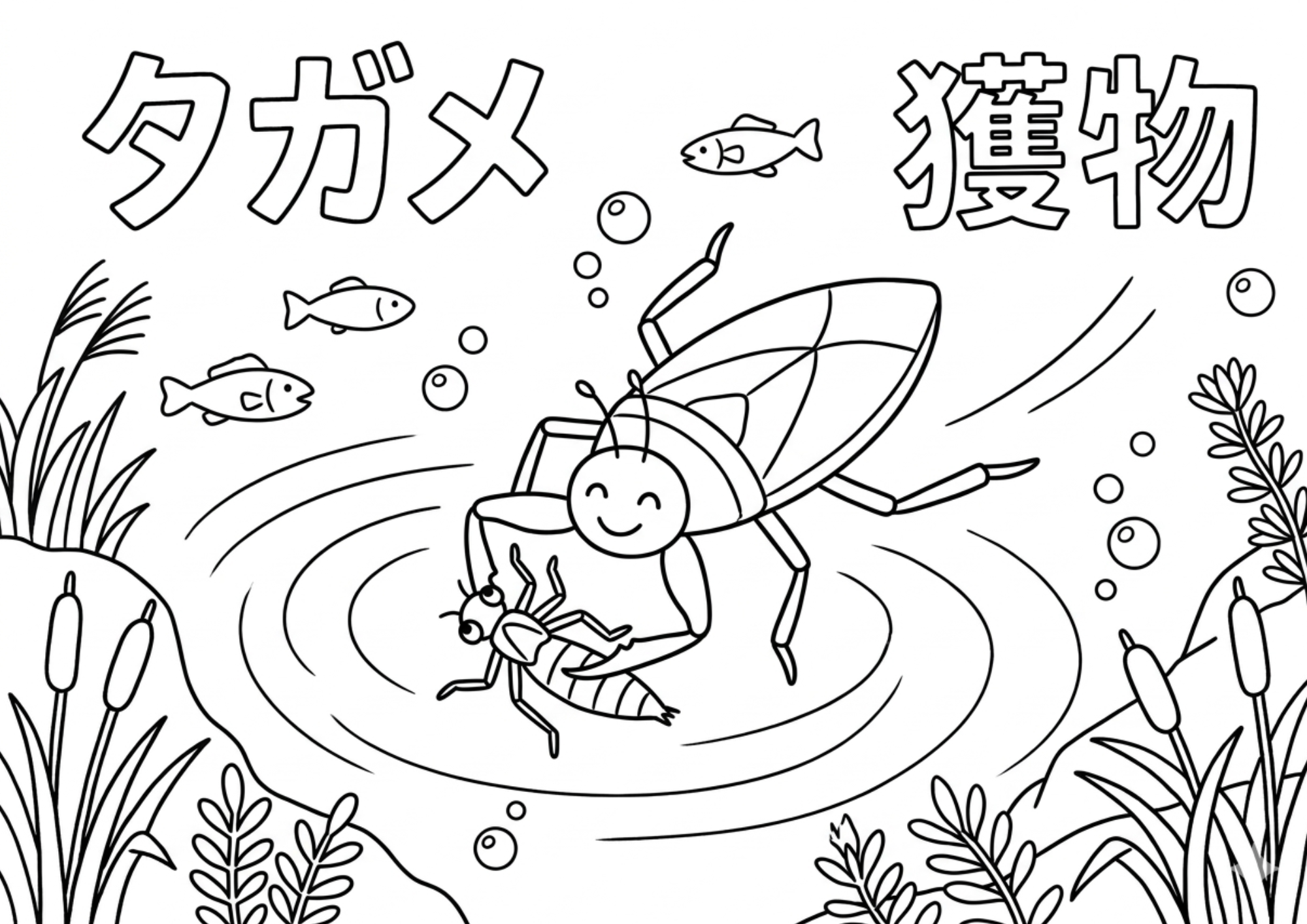 タガメの塗り絵白黒、子供向け無料印刷