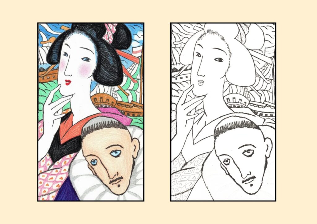 大正ロマンの塗り絵イラスト カラー見本（無料・印刷OK）