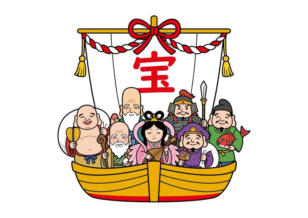 七福神と宝船のの塗り絵イラスト カラー見本（無料・印刷OK）