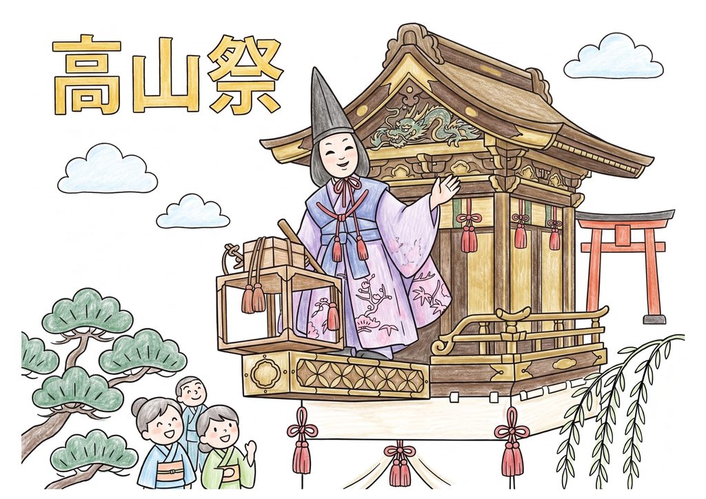 高山祭の塗り絵 白黒 無料印刷用