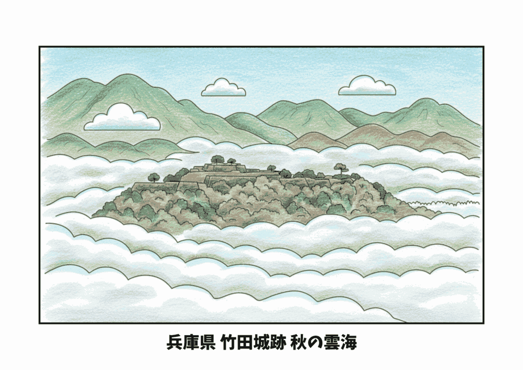 竹田城跡の塗り絵｜高齢者向け｜秋の雲海が美しい｜塗りやすい線画｜無料ダウンロード
