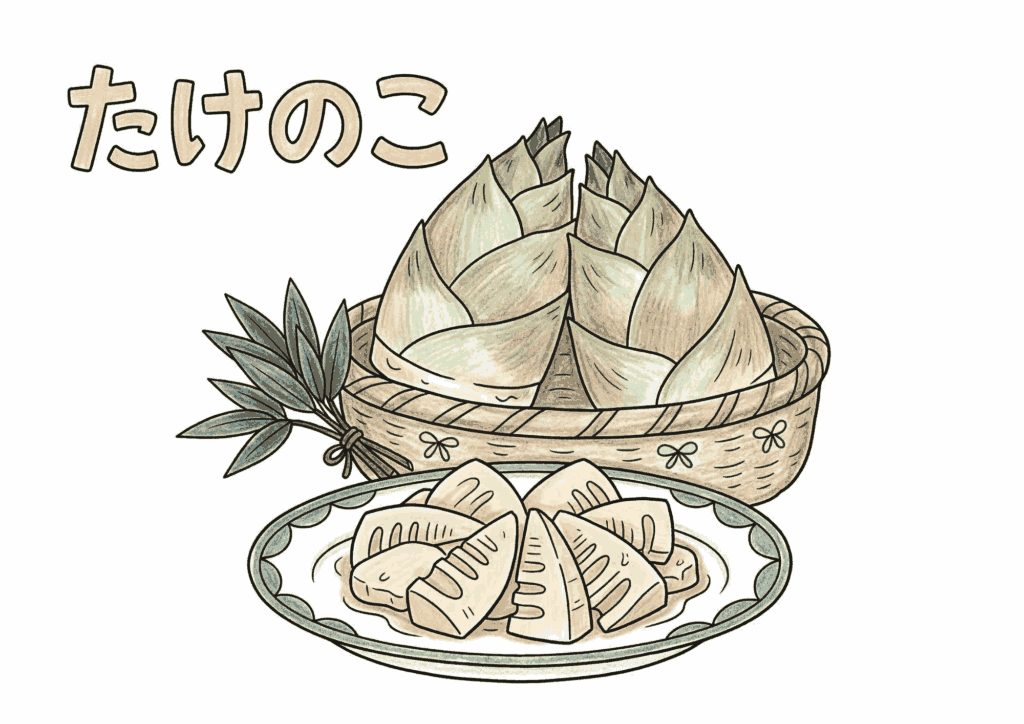 たけのこの塗り絵イラスト カラー見本 竹かごと皿盛り 春の食材 無料ダウンロード