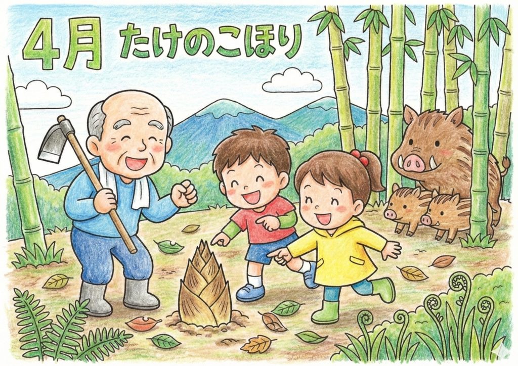 4月たけのこ掘りの塗り絵 カラー見本 無料ダウンロード