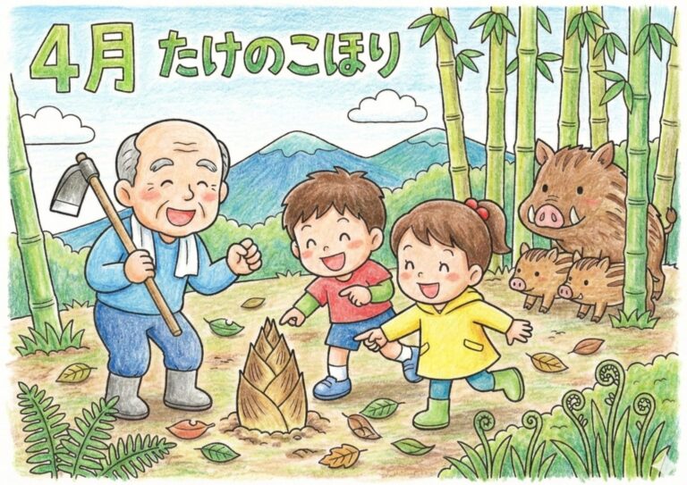4月たけのこ掘りの塗り絵イラスト