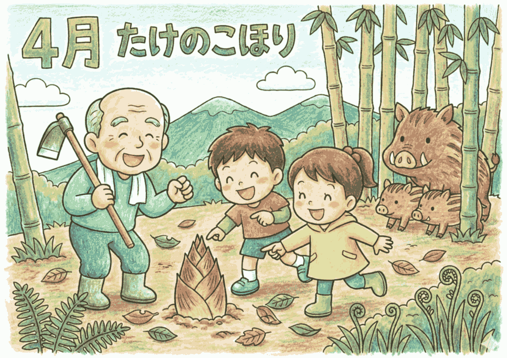 4月たけのこ掘りの塗り絵イラスト無料ダウンロードフリー画像素材