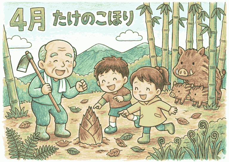 4月たけのこ掘りの塗り絵イラスト
