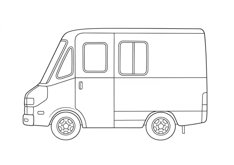Delivery truck coloring page, black and white line art, free to print