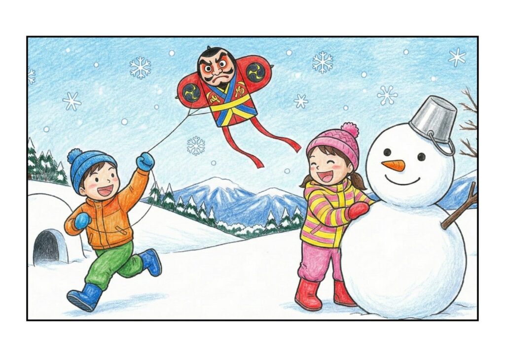 凧揚げと雪だるまの塗り絵イラスト カラー見本（無料・印刷OK）