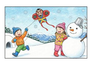 凧揚げと雪だるまの塗り絵イラスト カラー見本（無料・印刷OK）