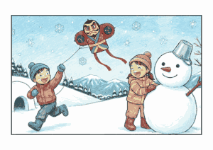 凧揚げと雪だるまの塗り絵イラスト｜無料ダウンロード｜冬の遊びフリー画像素材
