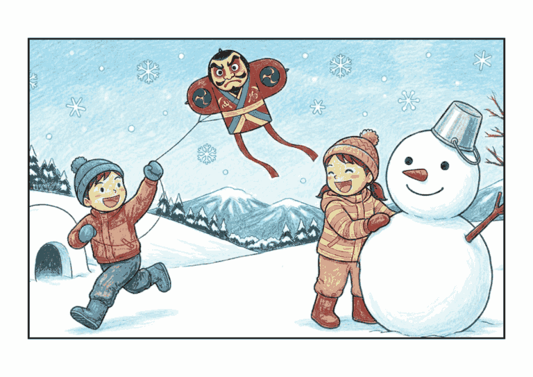 凧揚げと雪だるまの塗り絵イラスト