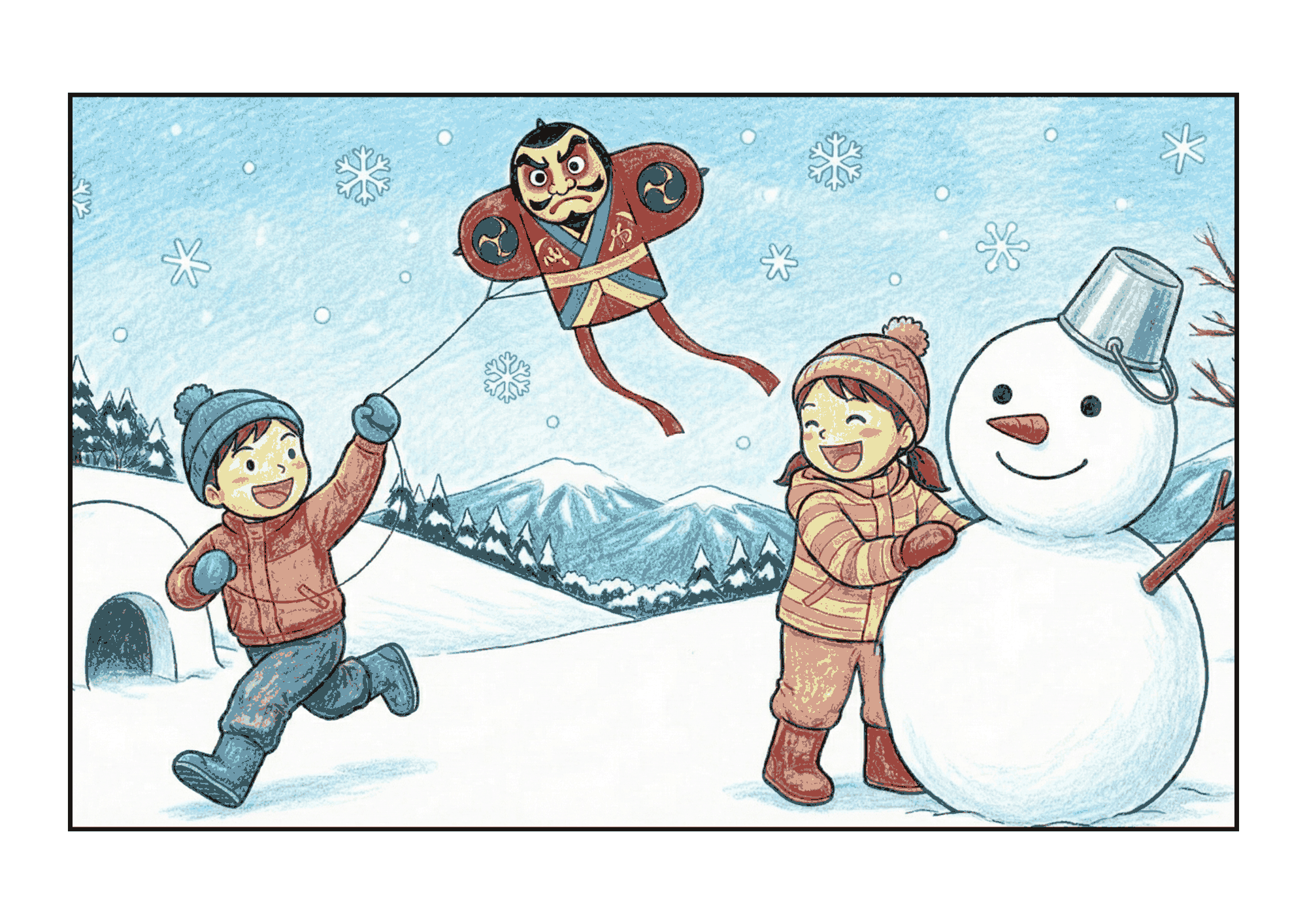 凧揚げと雪だるまの塗り絵イラスト｜無料ダウンロード｜冬の遊びフリー画像素材