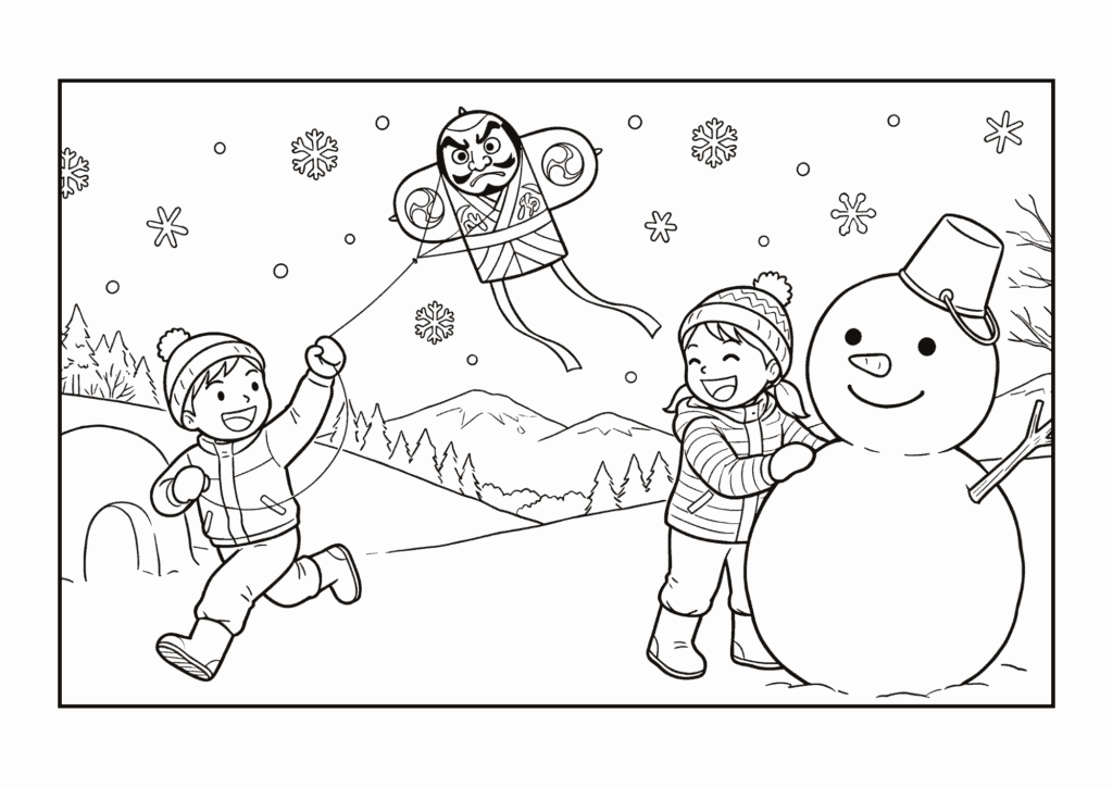 凧揚げと雪だるまの塗り絵 白黒 無料ダウンロード 印刷用