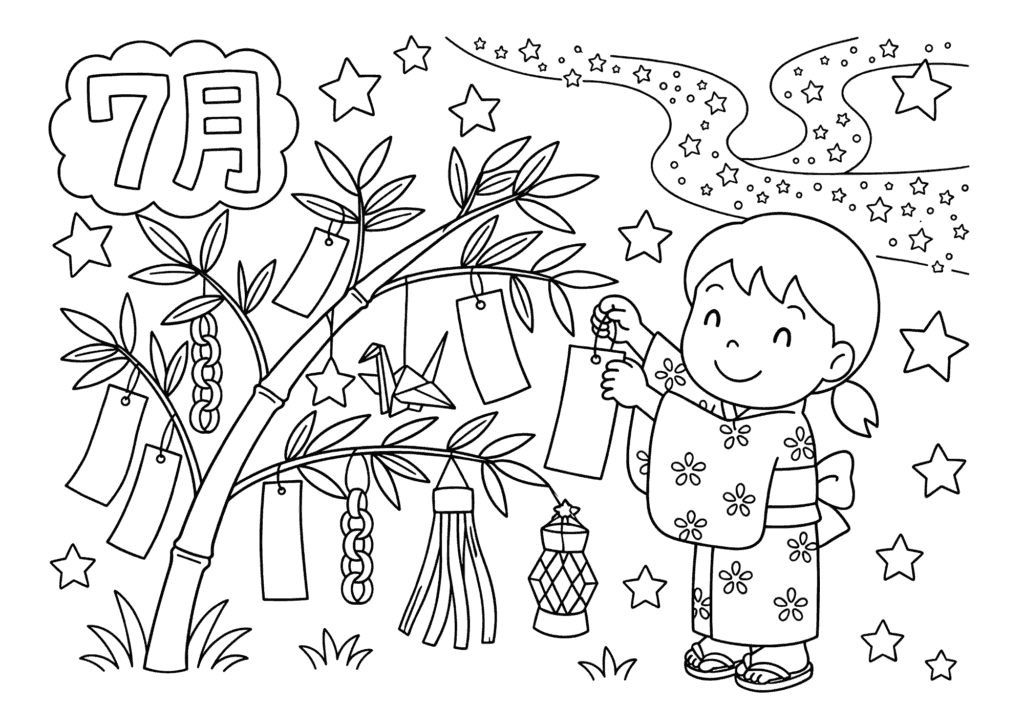 七夕飾りと天の川 白黒 無料印刷用