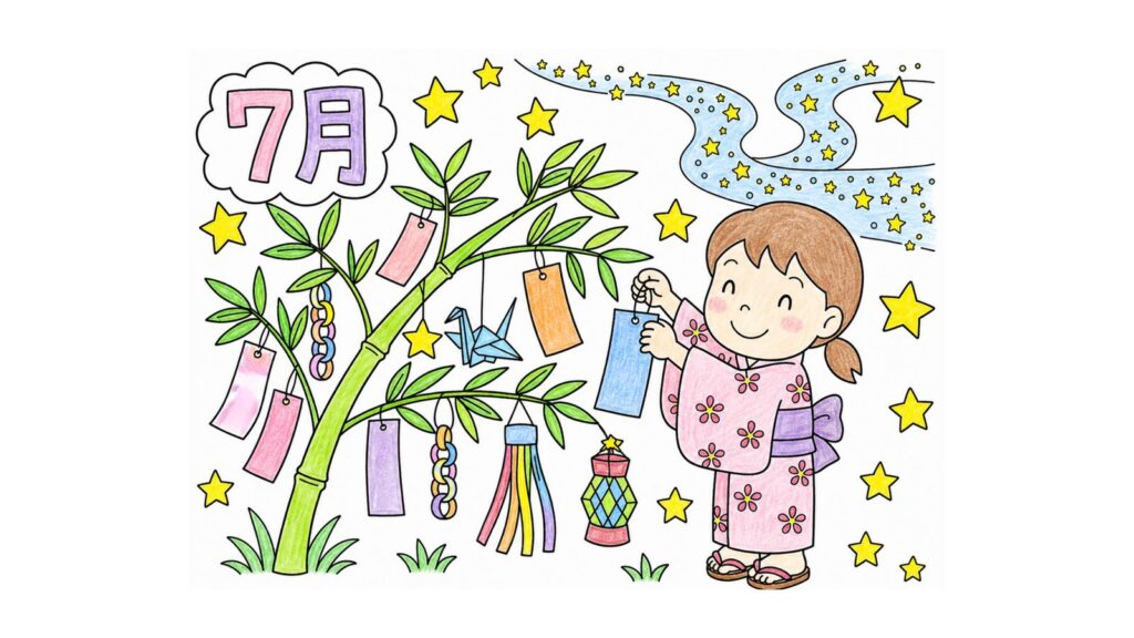 七夕飾りと天の川の塗り絵イラスト カラー見本（無料・印刷OK）