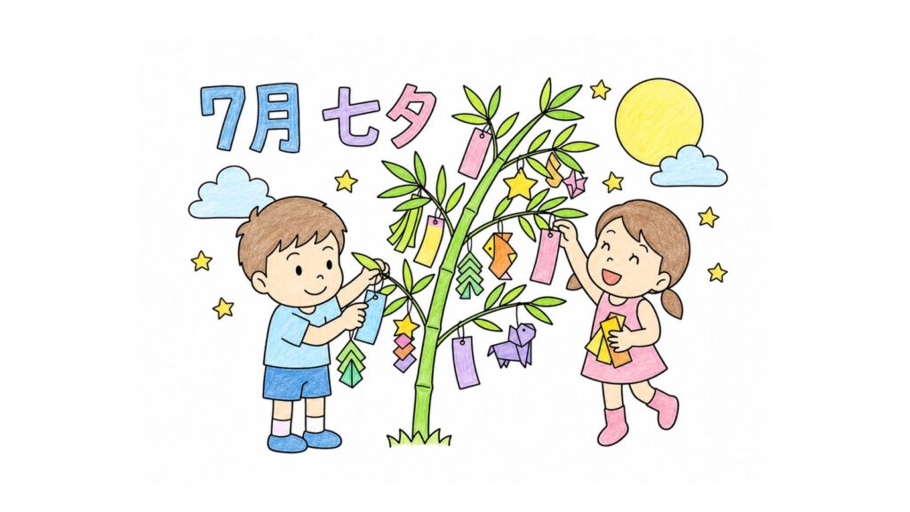 七夕の飾り付け（男の子と女の子）の塗り絵イラスト カラー見本（無料・印刷OK）