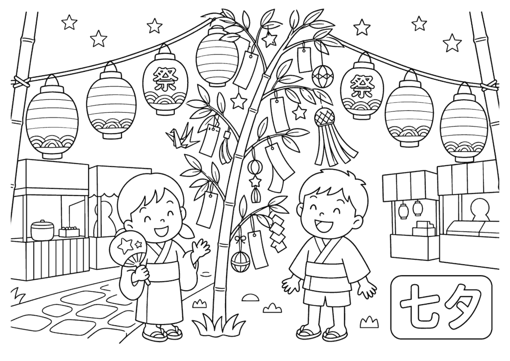 七夕祭り 白黒 無料印刷用