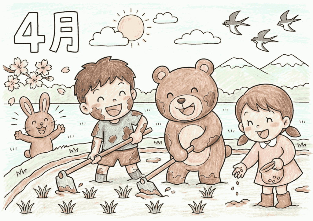 4月の田起こしをする子供と動物の無料ダウンロード塗り絵イラスト白黒フリー画像素材