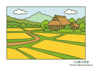 大分県田染荘の秋景色を色鉛筆で描いた高齢者向け塗り絵。棚田と古民家、山並みが自然に続く構図。無料ダウンロード素材