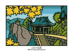 高齢者向け立石寺の塗り絵｜秋の紅葉と山寺の風景が描かれた無料ダウンロード素材。線が太く塗りやすい構図。