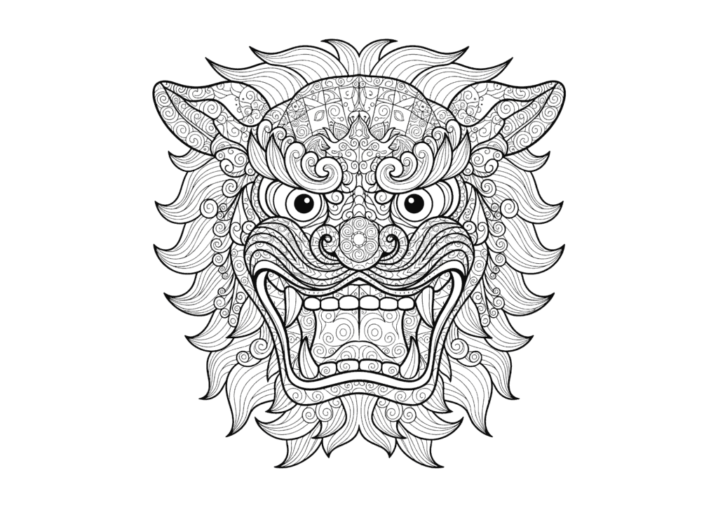 獅子舞の塗り絵イラスト｜大人向け和風アート素材｜無料フリー画像ダウンロード