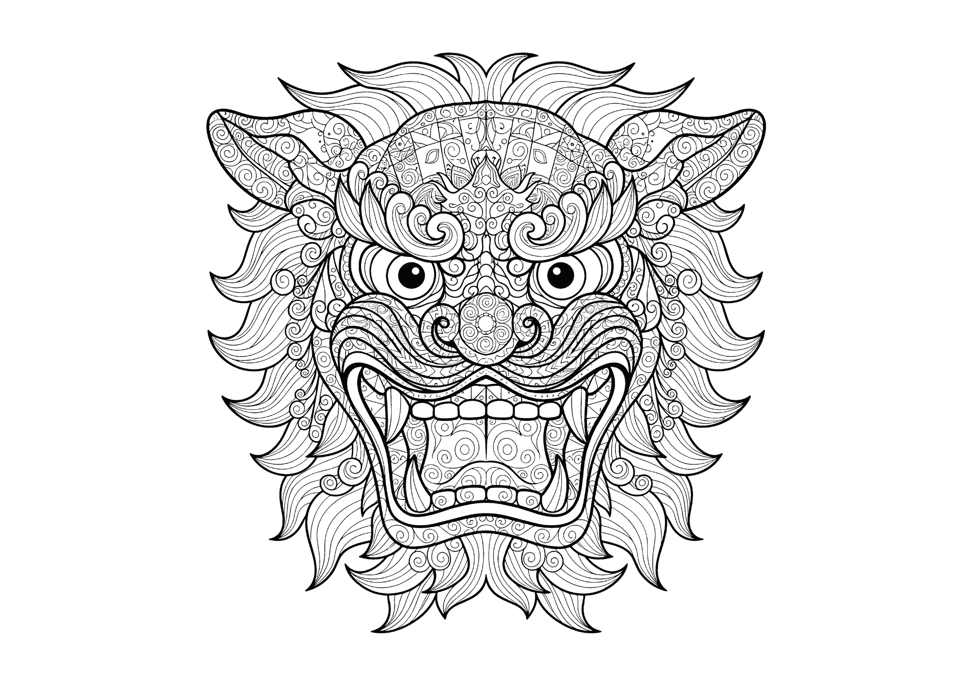 獅子舞の塗り絵イラスト|大人向け和風アート素材|無料フリー画像ダウンロード